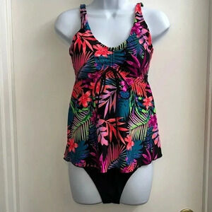 Tropical Floral Leaf Print Drawstring Tankini -Size Small